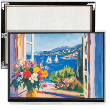 Imagem de Arte de parede em tela vista do mar da janela flores na janela pôsteres vibrantes mediterrâneas costeiras impressões de arte para casa quarto dormitório decoração de parede 30,5 x 40,6 cm sem moldura