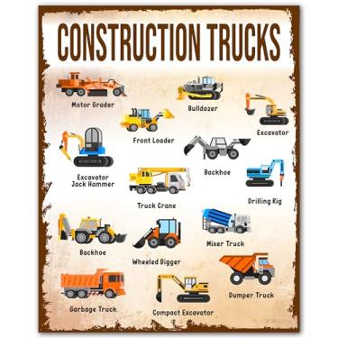 Imagem de ZUKIY Pôster educacional de caminhões de construção - Arte colorida de parede de veículo para quarto infantil - Impressão sem moldura 20 x 25 cm - Pôster de caminhão para decoração de quarto de