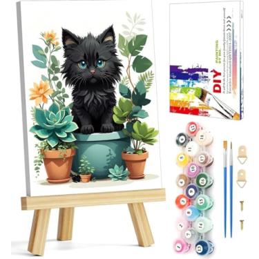 Imagem de Kit de pintura emoldurada por números para adultos iniciantes e crianças de 8 a 12 anos, kits de pintura de gato preto por números em tela emoldurada com cavalete, kits de pintura a óleo acrílica para