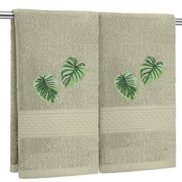 Imagem de SmoothNovelty 2 peças de toalhas de mão de folhas de palmeira tropicais cinza verde decoração de banheiro 35 x 73 centímetros bordadas 100% algodão macio absorvente primavera verão toalhas de mão