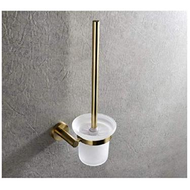Imagem de Escova de vaso sanitário, latão escovado dourado conjunto de suporte de escova de banheiro acessório de banheiro copo de cerâmica único montado na parede