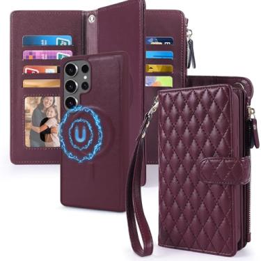 Imagem de Harryshell Capa carteira 2 em 1 para Samsung Galaxy S24 Ultra, magnética, compatível com suporte para cartão Magsafe com bloqueio de RFID, capa removível para celular, bolsa com zíper, alça de pulso