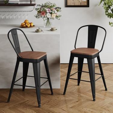 Imagem de Andeworld Conjunto de 2 bancos de bar de metal, bancos de bar de 66 cm com altura de balcão com encosto de fazenda, modernos, bancos de bar com encosto alto com assento maior, cadeiras de bar e jantar