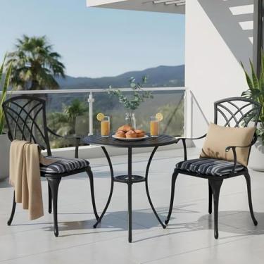 Imagem de Lokingrise Conjunto de 3 peças de mesa e cadeiras Bstro ao ar livre com orifício para guarda-chuva, almofadas, móveis de pátio de alumínio fundido para varanda, quintal, jardim, preto