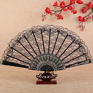 Imagem de Elegante leque de mão de renda preta com detalhes dourados apresentações de dança tradicional, casamentos, eventos de igreja e decorações de carnaval - mantém o frescor sob controle (ventilador de