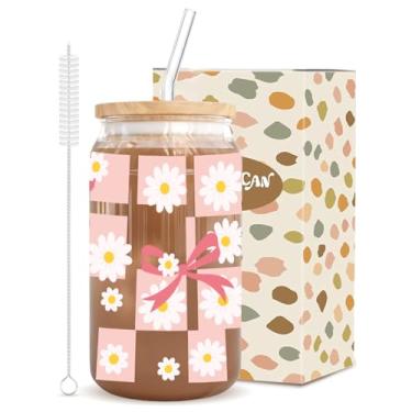 Imagem de Copo de vidro Daisy Pink Bow Design de 473 ml com tampa de bambu, canudos de vidro e plástico incluídos, pronto para presente para mulheres para café gelado e vitaminas