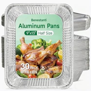 Imagem de Benestanti Panelas de alumínio 22 x 33 cm, formas descartáveis de folha de alumínio de tamanho médio extra pesadas, assadeiras profundas para cozinhar, assar, aquecer e mesas a vapor (pacote com 30