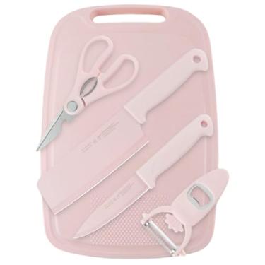 Imagem de SUJAYU Conjunto de mini faca e tábua de cortar 5 em 1, rosa, compacto, aço inoxidável, tamanho único, adulto, uso interno/externo