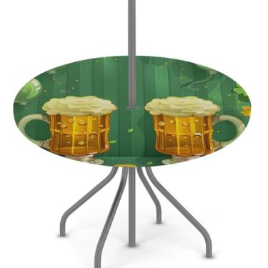 Imagem de hongjinglin Toalha de mesa para uso ao ar livre para Dia de São Patrício com orifício para guarda-chuva, toalha de mesa redonda elástica com zíper, impermeável, limpável, para piquenique, festa, pátio