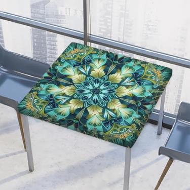 Imagem de hongjinglin Toalha de mesa quadrada para uso externo com borda elástica, toalha de mesa quadrada limpável, mandala, verde, retrô, para ambientes externos, ambientes internos, pátio, jantar, cozinha