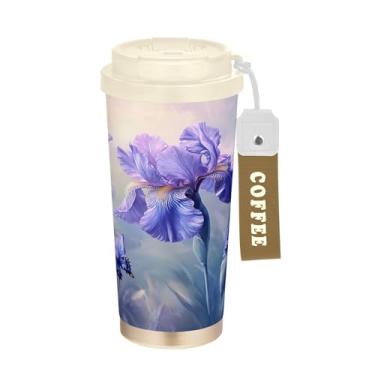 Imagem de SEHANY Caneca de viagem borboleta e flores de 482 ml Copos de café reutilizáveis revestidos de cerâmica com tampa à prova de vazamento, parede dupla, isolamento a vácuo, copo de café de aço inoxidável