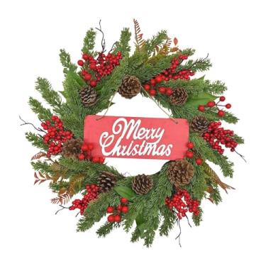 Imagem de Esquirla Guirlanda de Natal 50 cm para porta da frente com frutas vermelhas, presente, guirlanda redonda, enfeite de parede para varandas internas e externas, Sem Luz