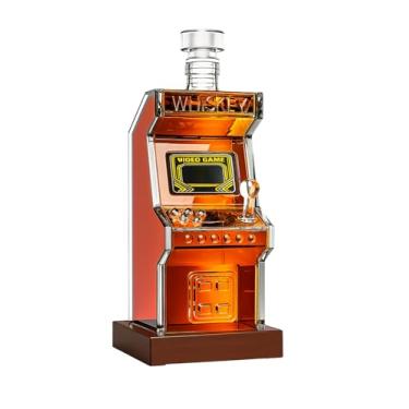 Imagem de Decantador de uísque retrô Arcade Machine e suporte de nogueira – vidro de cristal, garrafa de bourbon vintage de 750 ml, utensílios de bar colecionáveis, presente exclusivo de aniversário para pai