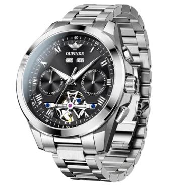 Imagem de OUPINKE Relógio masculino automático com mostrador 3D com calendário luminoso à prova d'água de 5 ATM - pulseira de aço de tungstênio com cristal de safira, Preto - 1