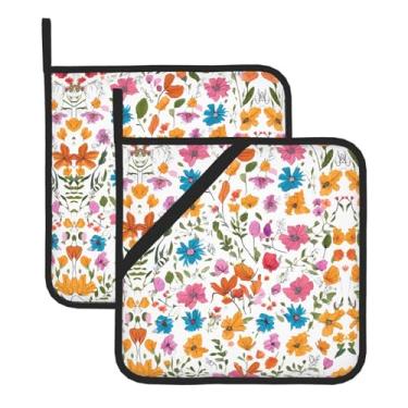 Imagem de Conjunto de tapete de panela quadrado resistente ao calor com estampa romântica de pássaros florais, 2 peças antiderrapantes com alças para pendurar, para balcão de cozinha e proteção de mesa de