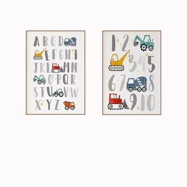 Imagem de PHWWDSUQA 2 peças de estilo nórdico moderno, pôster de desenho animado número da letra do carro, decoração de casa para quarto de crianças, berçário, sala de aula, quarto, impressões, 40 x 60 cm, sem
