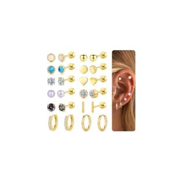 Imagem de M MOOHAM Brincos femininos de prata esterlina 925 nas costas planas – Brincos de argola grossa de ouro 14 K, hipoalergênicos, para orelhas sensíveis, conjunto de brincos para vários piercings e