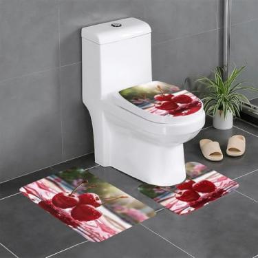 Imagem de ZERAOKE Red Cherries - Conjunto de tapetes de banheiro estampados de 3 peças - tapetes de flanela antiderrapantes, secagem rápida e almofada de vaso sanitário em forma de U para banheira, suítes de