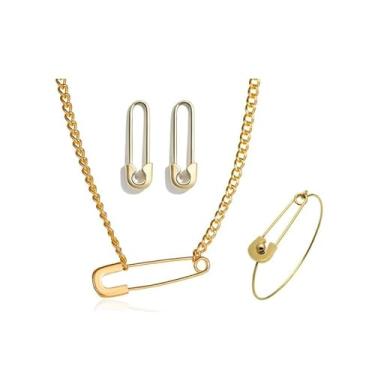 Imagem de Conjunto de joias com alfinetes de segurança de ouro, colar e pulseira para mulheres, homens, presentes de aniversário, presentes de Natal, presentes de amizade para mulheres, dia dos namorados