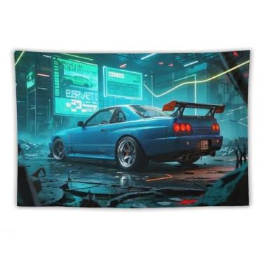 Imagem de HouLaiZhe Tapeçaria de carro azul Jdm Car R32 Ruínas digitais legal para pendurar na parede quarto decoração de casa tapeçarias estética piquenique decoração de parede arte de parede para dormitório