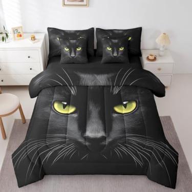 Imagem de Erosebridal Jogo de cama queen com estampa de gato preto, 7 peças, gótico, animais góticos, com olhos amarelos e gatinho