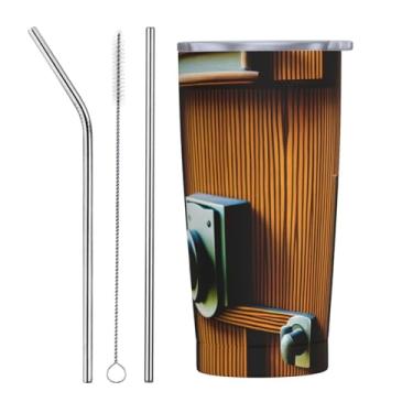 Imagem de Zeraoke Porta de madeira e impressão de fechadura 590 ml caneca de aço inoxidável com tampa de palha, caneca de palha de carro, mantém as bebidas frias para escritório, casa, funciona muito bem para