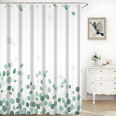 Imagem de TTQYFNM Cortina de chuveiro de folhas de eucalipto verde primavera minimalista aquarela folhas de banheiro cortina de banheiro banheira decoração de casa tecido poliéster impermeável conjunto de