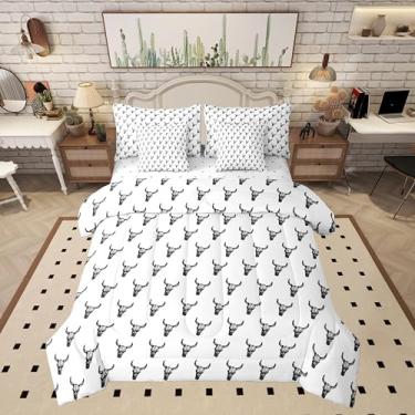 Imagem de Jogo de cama de caubói com 7 peças, caveira, asteca, boêmio, vintage, estilo rústico, branco, com edredom, lençol de cima, 2 fronhas, 2 fronhas