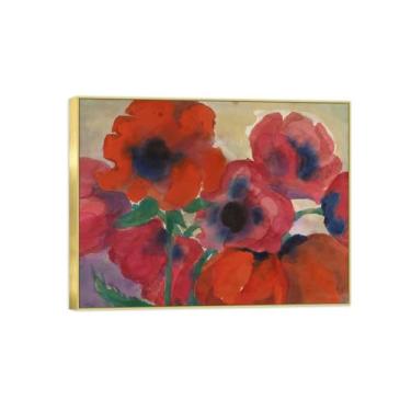 Imagem de BMZFYBS Pintura de arte de parede de flores - imagem de decoração vintage - flores vermelhas 2 - impressões em tela com moldura dourada para sala de estar 50 x 65 cm 20 x 26 pol