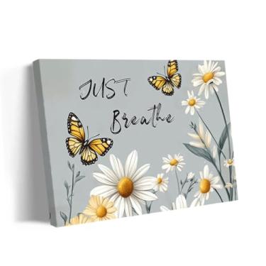 Imagem de QIXIANG Pintura em tela de flores de borboletas Just Breathe arte de parede citações inspiradoras decoração de parede country fazenda decoração de casa emoldurada (cinza, 40,6 cm C x 61 cm)