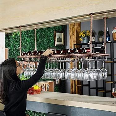 Imagem de APUM Rack de vinho, altura ajustável, suporte de garrafa de vinho de ferro suspenso montado no teto, taças, para restaurantes/bares (100 cm)