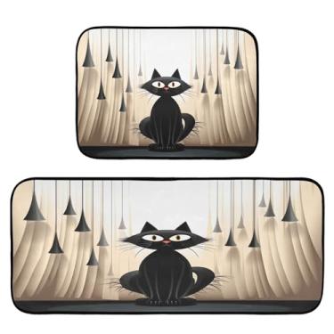 Imagem de Wassud Tapetes de cozinha fofos de gato preto para decoração de casa tapetes de cozinha acolchoados antifadiga tapetes de cozinha antiderrapantes laváveis essenciais de cozinha conjunto de 2