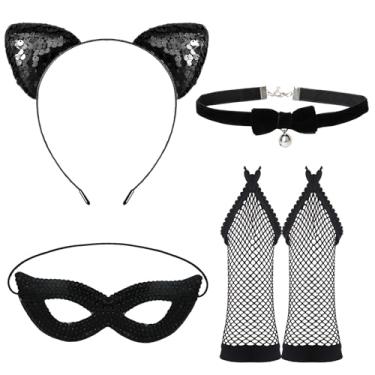 Imagem de Haakong Máscara de baile de máscaras de gato preto com glitter com orelhas de gato, faixa de cabeça, gargantilha de sino, luvas femininas, acessórios de festa cosplay de Halloween