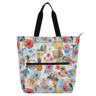 Imagem de Burbuja Bolsa feminina com estampa de patchwork tropical, à prova d'água, com bolso interno com zíper, para amantes de livros, presente de aniversário