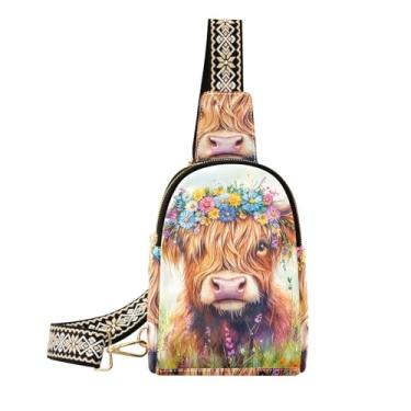 Imagem de CEBUGI Pochete feminina de couro transversal em aquarela Highland Cow para trilhas, viagens ao ar livre
