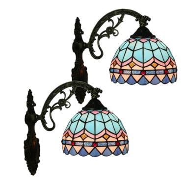 Imagem de Conjunto de 2 arandelas de parede em vitral mediterrâneo estilo Tiffany, 20 cm de largura, estilo barroco, para sala de estar, quarto e corredor.
