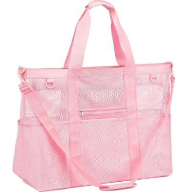 Imagem de Fammart Bolsa de praia de malha, sacola de praia grande com zíper, bolsa de piscina para viagem em família, férias, cruzeiro, essenciais, Extra grande, fecho de zíper - rosa, 3G