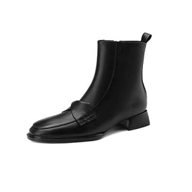 Imagem de TinaCus Botas femininas de couro genuíno feitas à mão, bico redondo, salto baixo grosso, zíper lateral, casual, cano curto, Preto, 37
