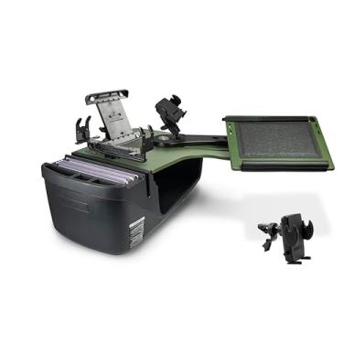 Imagem de AutoExec Reach Desk Banco traseiro lado esquerdo para sua estação de trabalho de veículo e escritório móvel, verde exército, com suporte para impressora, suporte para telefone, suporte para tablet e