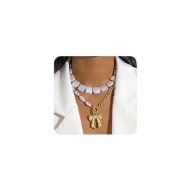 Imagem de Colar gargantilha de coração com laço dourado para mulheres, corrente de bola com contas de pérolas, colar com pingente de laço de amor irregular, colar de colar em camadas, acessórios de joias, Small