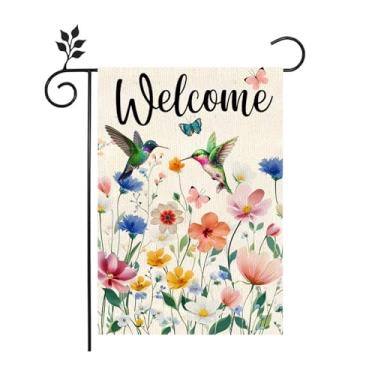 Imagem de Flores de beija-flor primavera bem-vindo bandeira de jardim 30,5 x 45,7 cm vertical dupla face, bandeira externa na primavera e verão Adequado para decoração de quintal de férias