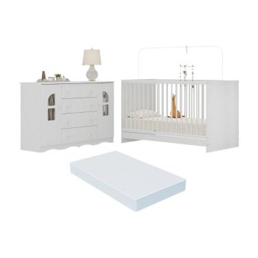 Imagem de Berço 3 Em 1 Com Colchão Incluso E Cômoda 2 Portas 4 Gavetas Liz Multimóveis MP4773 Branco
