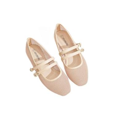 Imagem de Sapatos rasos femininos bege claro textura de tecido fivela dupla bico quadrado doce minimalista mocassins sem cadarço para uso diário na rua e encontros casuais couro PU macio ajuste confortável