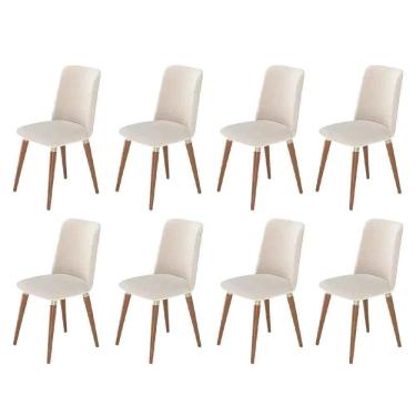 Imagem de Kit de 8 Cadeiras de Madeira Maciça Estofada Dakota - Natural c/ Linho Off White - Champanhe