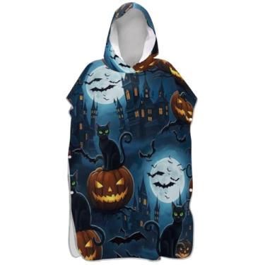 Imagem de Joisal Black Cats Halloween Abóboras Trocador Roupão para Adultos Surf Poncho Praia Com Capuz Toalha de Banho Vestível Homens Mulheres Poncho com Capuz