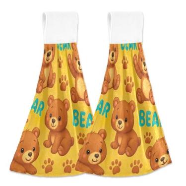 Imagem de Toalhas de cozinha fofas de urso amarelo com laço para pendurar toalhas de chá personalizadas para forno conjunto de 2 toalhas de cozinha macias absorventes para decoração de casa, 46 x 35 cm