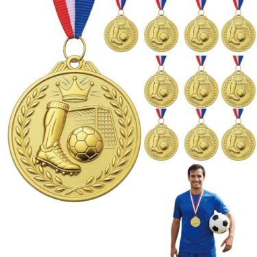 Imagem de Mascotwish Pacote com 10 medalhas de futebol para crianças – Medalhas de prêmio de ouro com fita, bola de futebol e design de coroa, perfeitas para jogos esportivos, competições escolares e