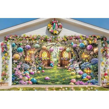 Imagem de DeeCabin Decoração de porta de garagem de Páscoa, 1,8 m x 40 m, floresta encantada, conto de fadas, coelho, ovo mágico, flor de Páscoa, fundo de festa para pendurar ao ar livre, suprimentos de festa