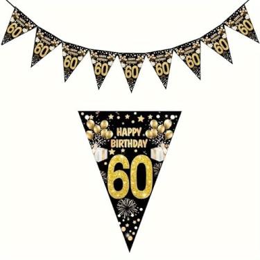 Imagem de 1 conjunto de bandeiras de aniversário galhardetes pretos e dourados com idades numeradas para 18 30 40 50 60 70 sacos de festa decoração de casa, 60
