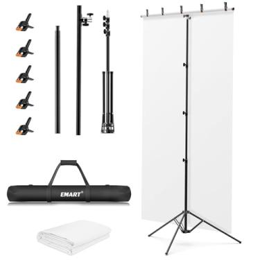Imagem de EMART Suporte de pano de fundo em forma de T 3 x 1,5 m, tela de fundo branco com suporte de banner de foto ajustável e kit de suporte de fotografia de 5 grampos para festa, sessão de fotos